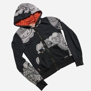 Womens Billabong Y2K Abstract Paisley AOP Skater Grunge Boho Black Zip-up Hoodie